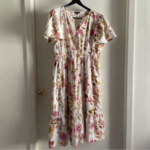 Meadow Rhodes 100% cotton Floral Midi Dress in White and Pink 3X W25.036